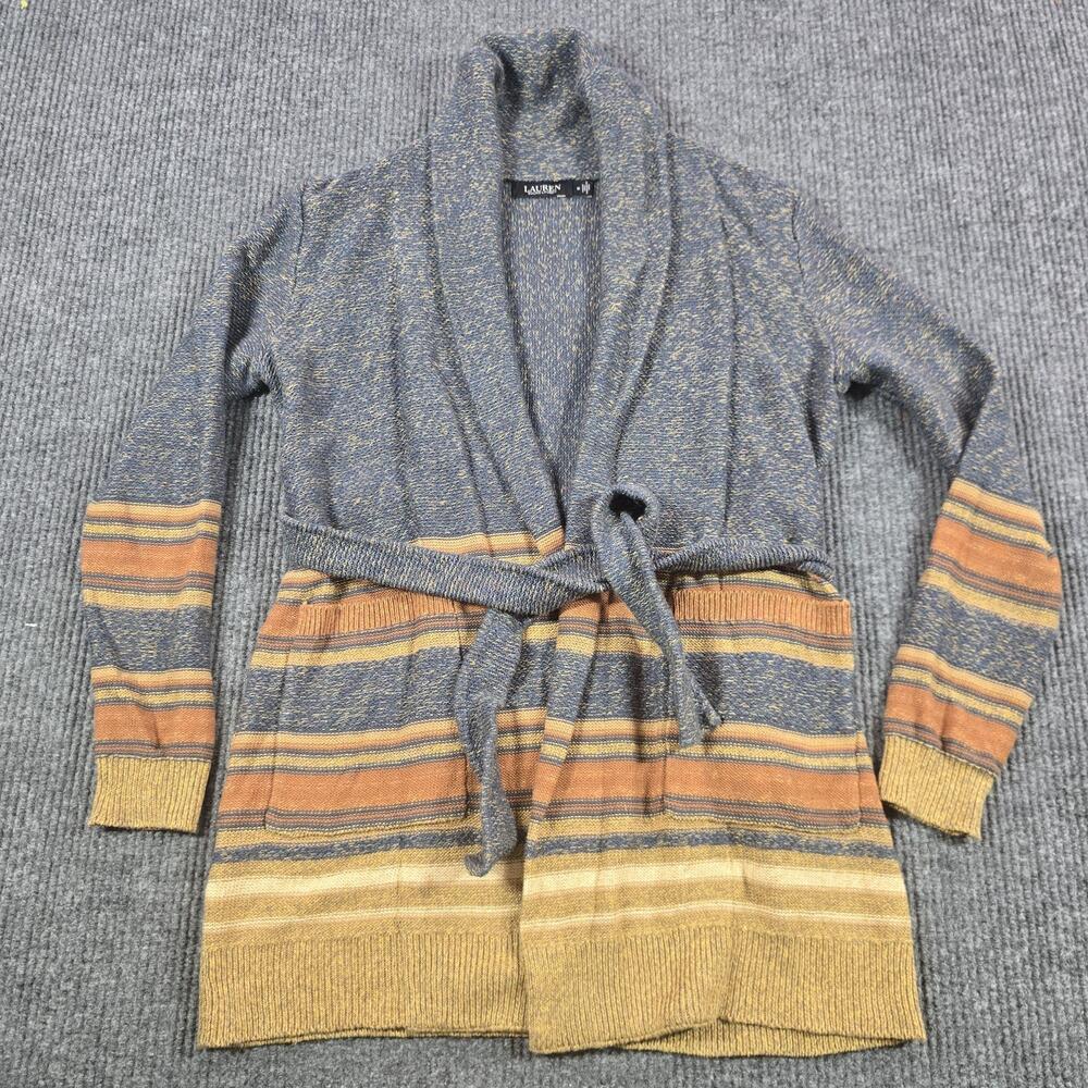 Lauren Ralph Lauren Cardigan Sweater Womens Medium Striped Belted Linen Blend